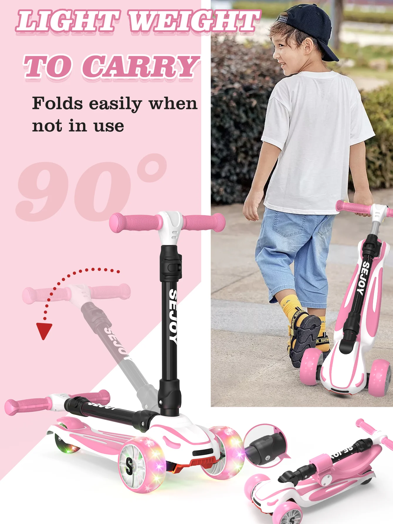 SEJOY trottinette pour enfants avec 3 roues lumineuses et hauteur réglable, trottinettes pour enfants, jouets pour bébé cadeau