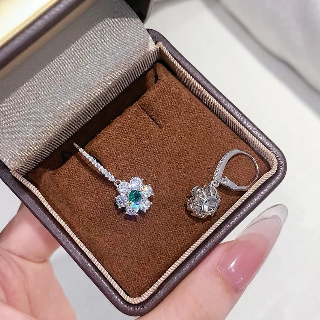 Trendy 925 Sterling Silver Drop Earrings For Women Flower Halo Leverback Green Simulated Stones Wedding Gift Luxury Fine Jewelry