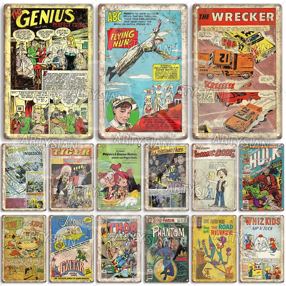 Comic Cover Metal Sign The Flying Nun The Wrecker The Phantom The Jetsons Whiz Kids Tiger The Genius and the Perfect Crime