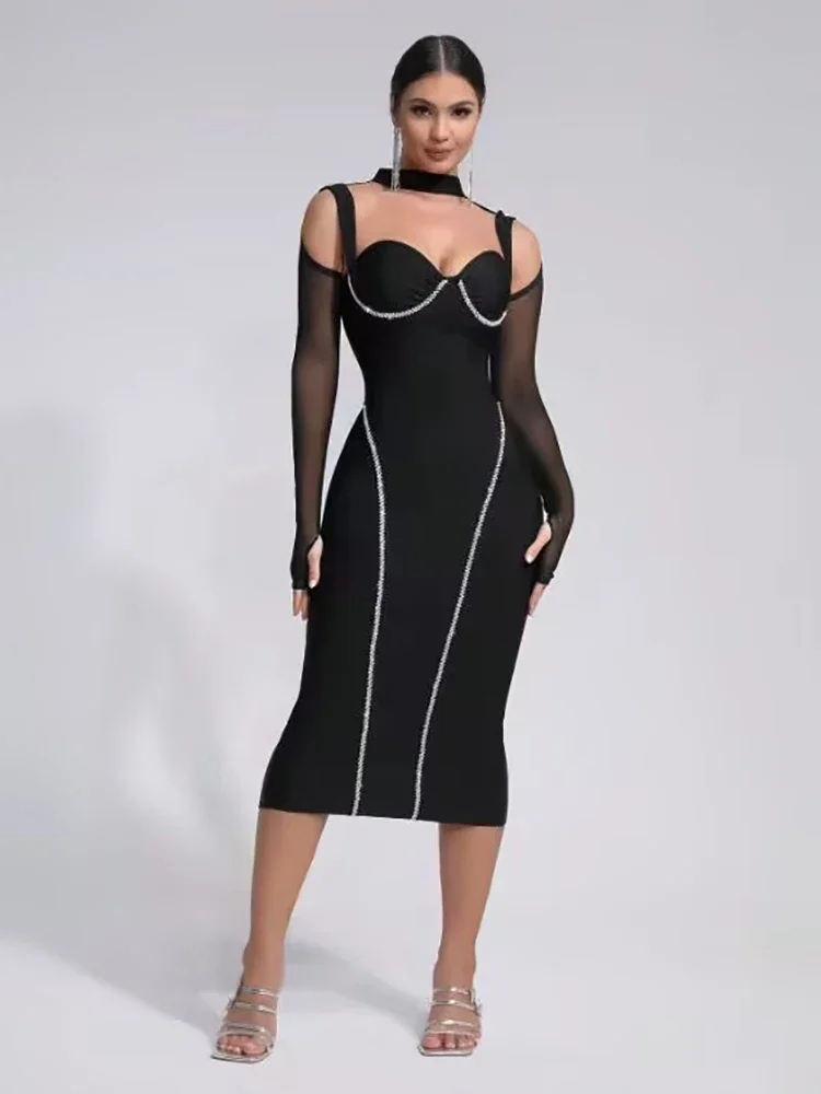 

Sexy Halter Neck Mesh Long Sleeve Hollow Out Bandage Dress Women Black Diamond Chain Design Bodycon Midi Dresses Evening Party