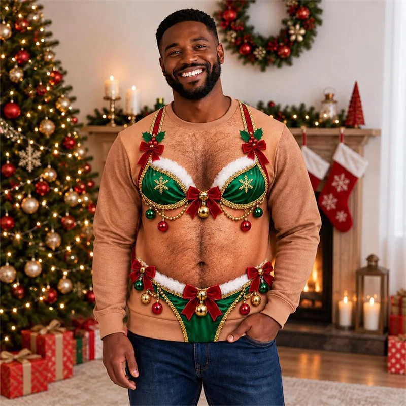 Christmas Gift For Men Women Funny Sweater 3D Print Muscle Illusion Design Ugly Xmas Jumper Holiday Party Outfit Casual Pullover