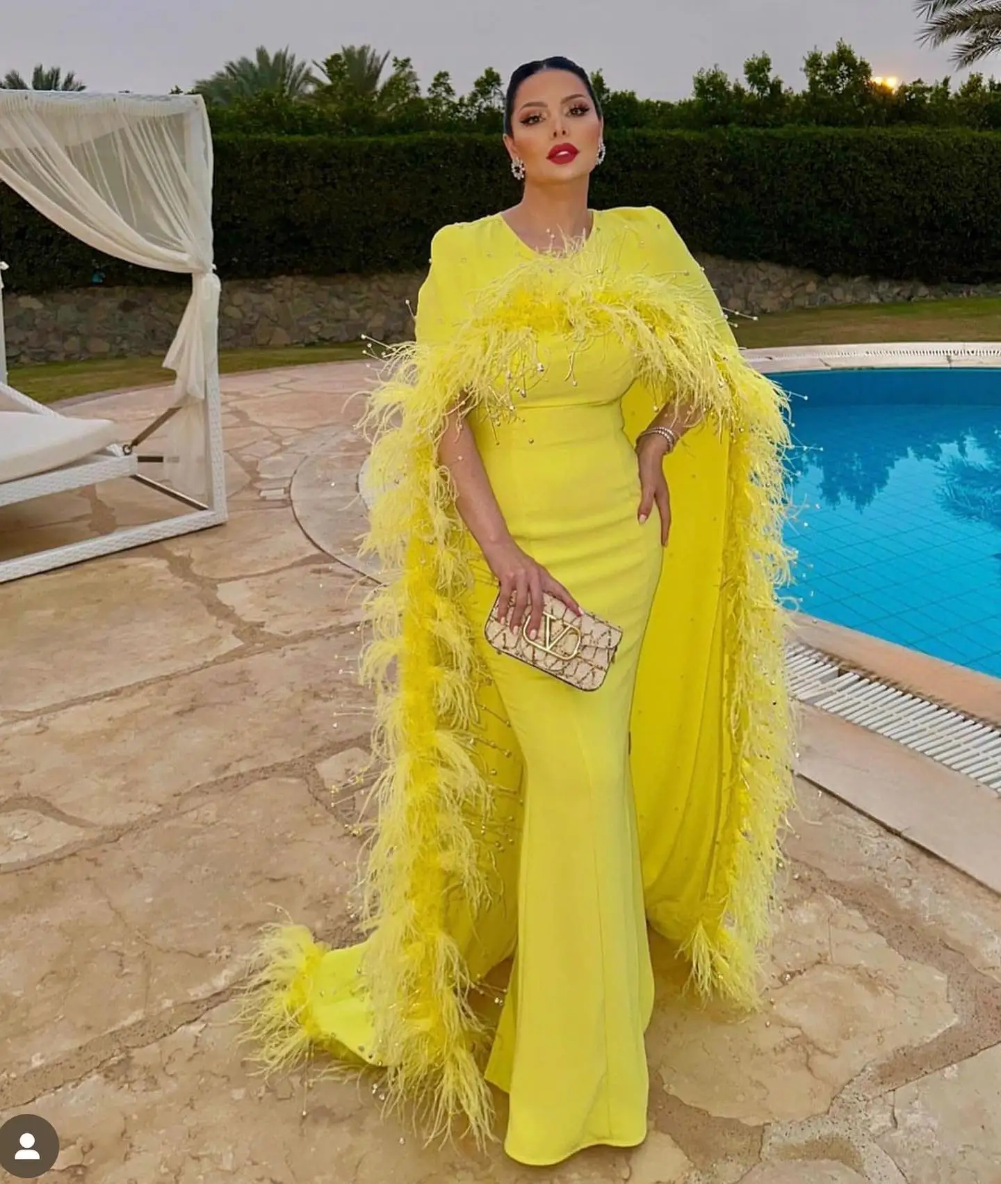 Aenyrst Elegant Yellow Mermaid Prom Dress Women\'s O-Neck Feather Beads Scarf Evening Gown Floor Length Formal Occasion Dresses