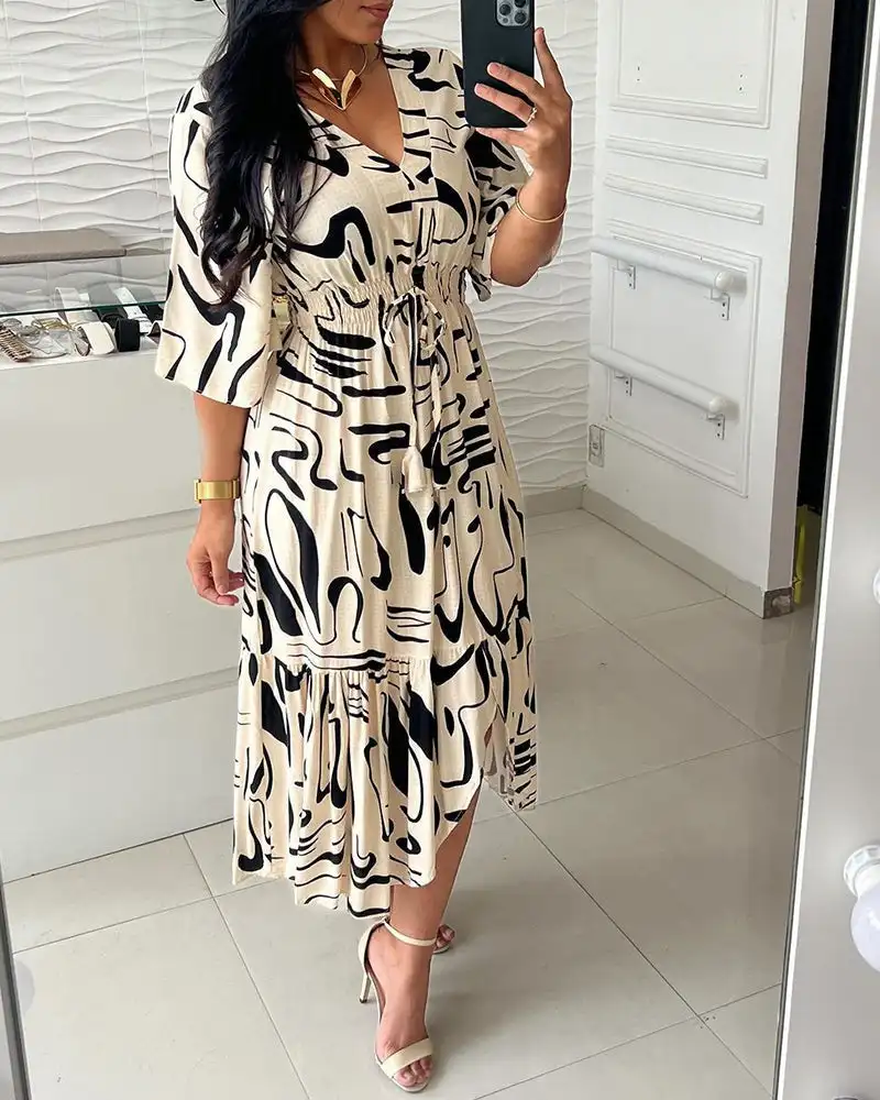 

Womens Waist Dress Sundress Summer Ink Geometric Printed Half Sleeve Wrap V Neck A-Line Midi Dress