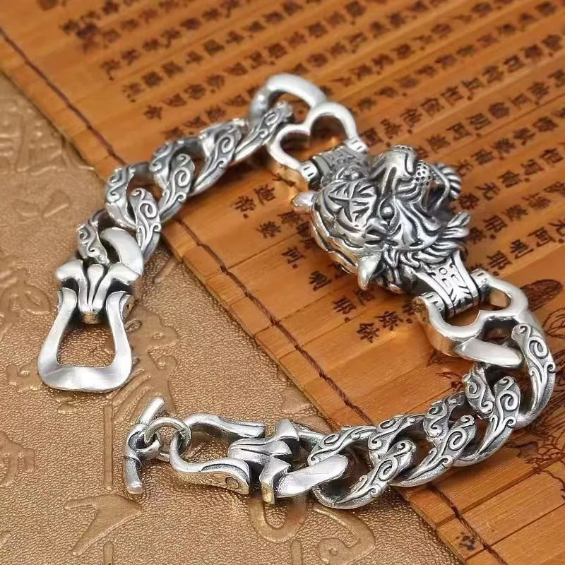 Domineering Retro Tiger Head Bracelet 925 Silver Franco Link Chain 18/20/22CM Men Luxury Personality Party Jewelry Gift