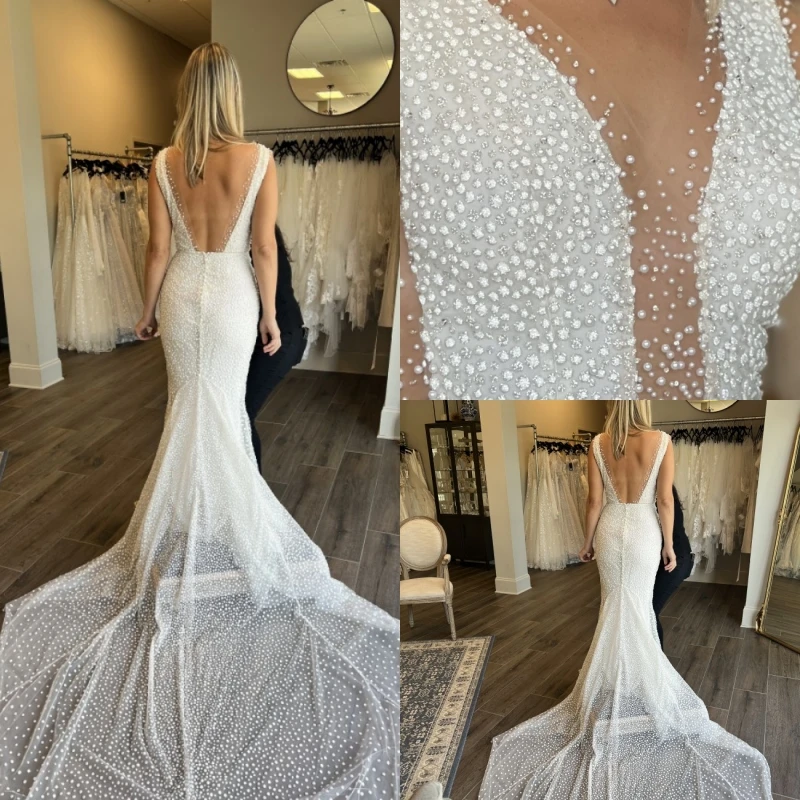 

15003# Exquisite Sweep Train Mermaid Wedding Dress Luxury V-neck Backless Lace Pearls Beading Illusion Button Bridal Gown