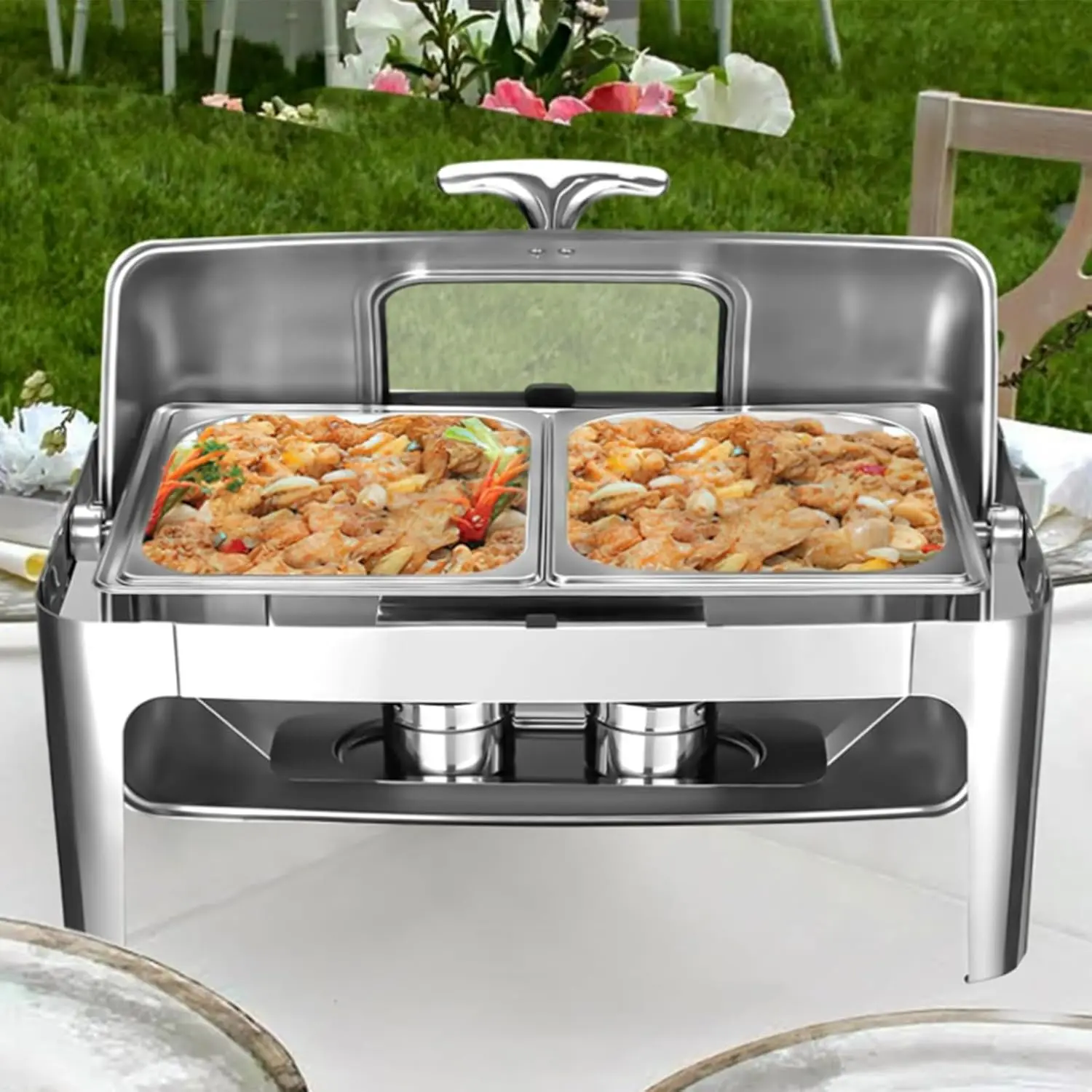 Roll Top Chafing Dish Buffet Set,9 Qt Stainless Steel Food Warmer with Viewing Lid, Rectangular Chafing Dish for Party & Buffet