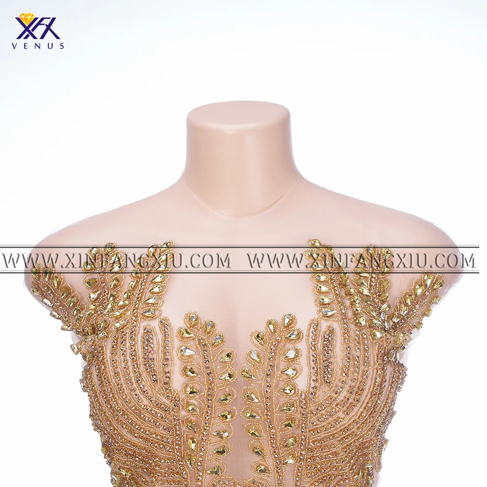 XFX VENUS 1 PCS Hand-made Silver Gold Rhinestone Bodice Applique for Wedding Panel embroidery Rhinestone Bodice Patch Applique