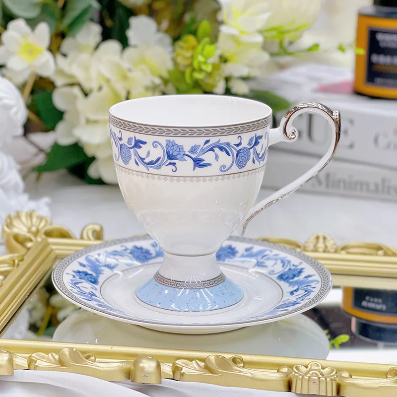 

British ceramic coffee cups and plates with spoons, European afternoon tea cups with bone china set