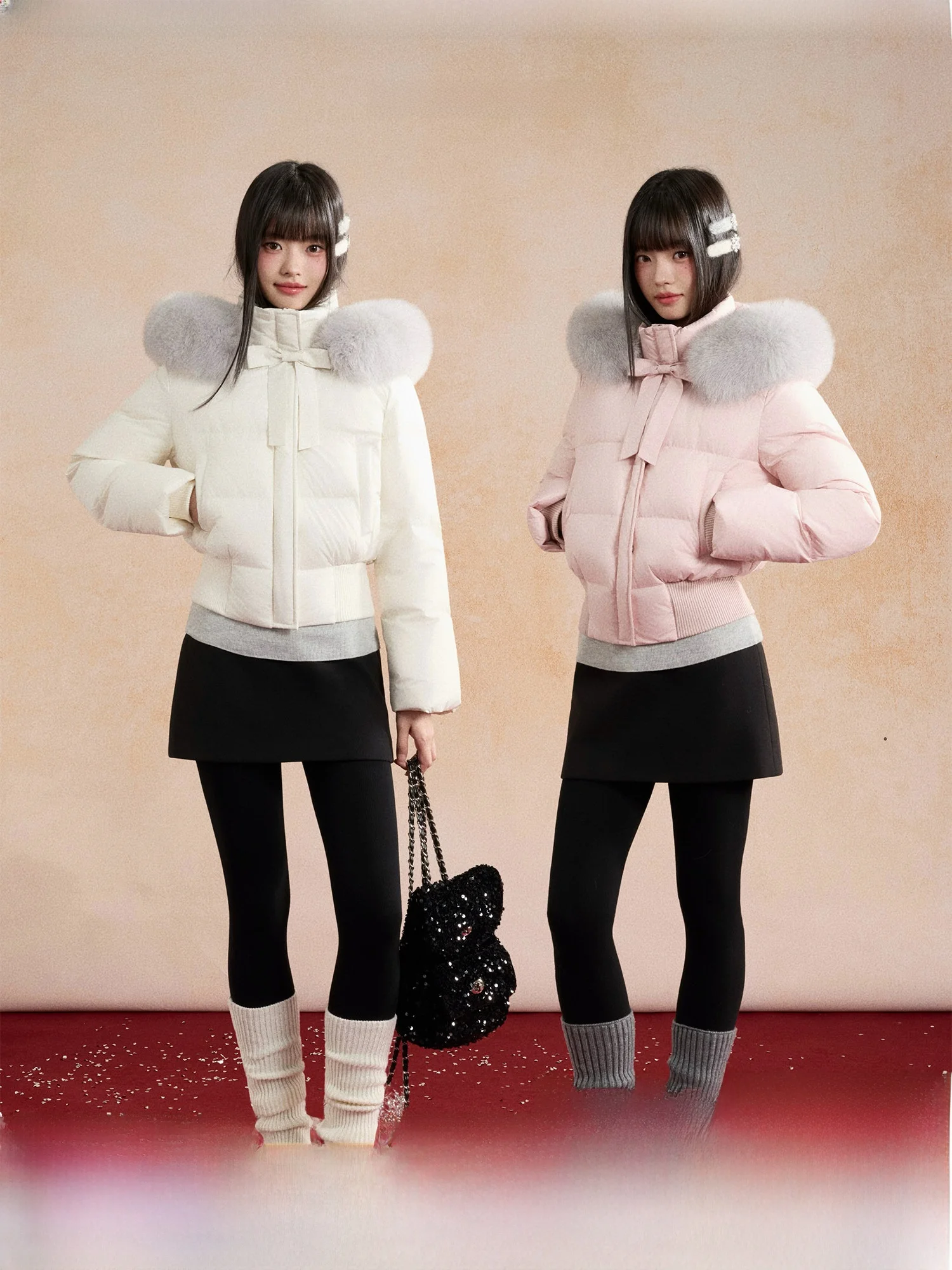 

Dalu 90 White Du down ort Coat with Fur Collar And Knot Decoration Women's Warm Padded Jaet High Waist