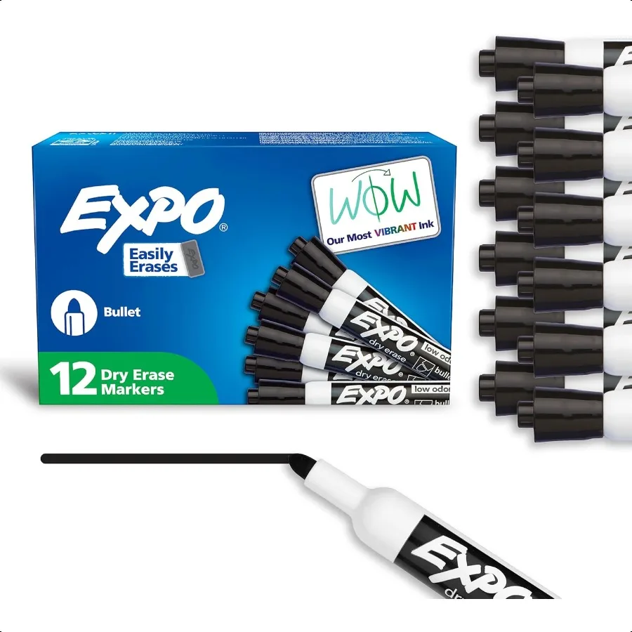 

Dry Erase Markers Low Odor Ink Black Bullet Tip 12 Count