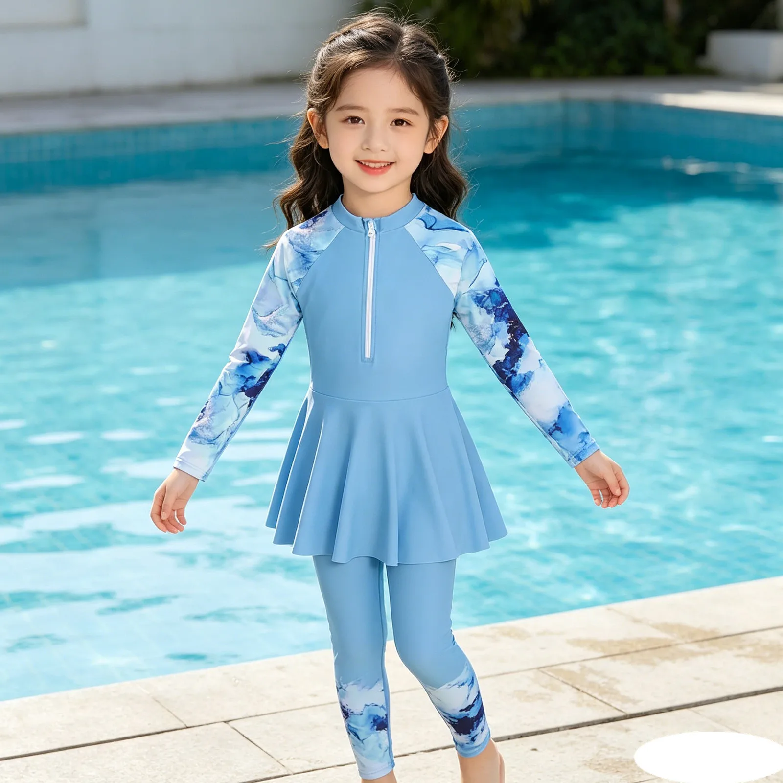 Kids Girls 3Pcs Rash Guard Swimsuit Long Sleeves Zipper Swim Dress with Bottom And Pants Set Summer Bathing Suit Swimwear