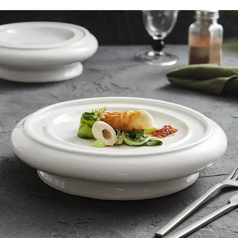Pure White High Legged Ceramic Dining Plate Dessert Sushi Salmon Restaurant Molecular Cooking Tableware
