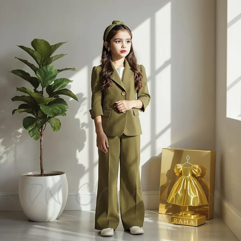 Solid Color Girl Suits Straight Fitted Classy Notched Lapel Single Breasted Fashion Kids Clothes Casual Daily Girl Outfit Set