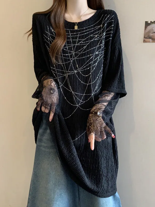 Lace Mesh Splice Long Sleeve T-Shirt Women Summer plus Size Mid-Length Butt Covering Sequin Top Korean Style Commute Fashion
