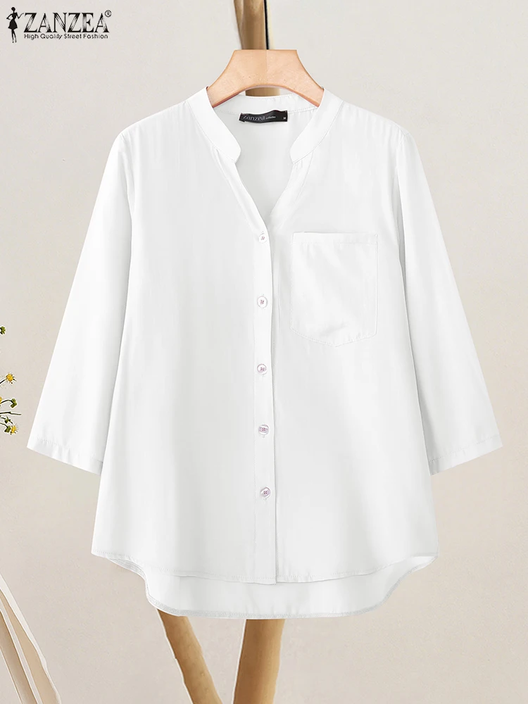 ZANZEA-camisas elegantes de oficina para mujer, blusa de otoño 2025, Tops de manga 3/4 con cuello de pico, Blusas de trabajo OL para mujer, camisa informal lisa
