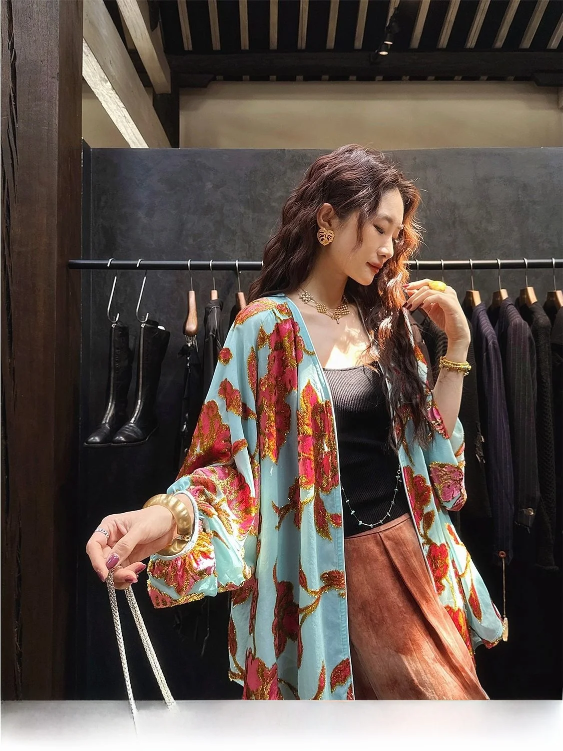 

Sanji Bla Flower New Chinese Sle Velvet irt Women's Jaet National Trendy Faion Long Sve Loose Fit Polyester Fiber