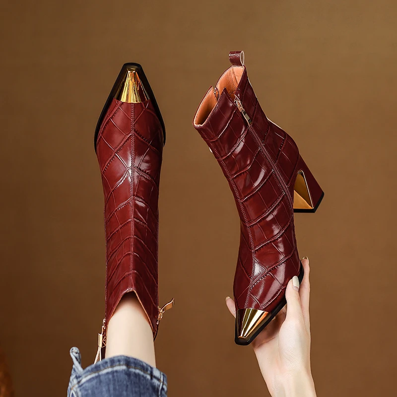 

Ботильоны из натуральной кожи ручной работы, элегантные туфли-лодочки на платформе с тиснением и боковой молнией, женская обувь