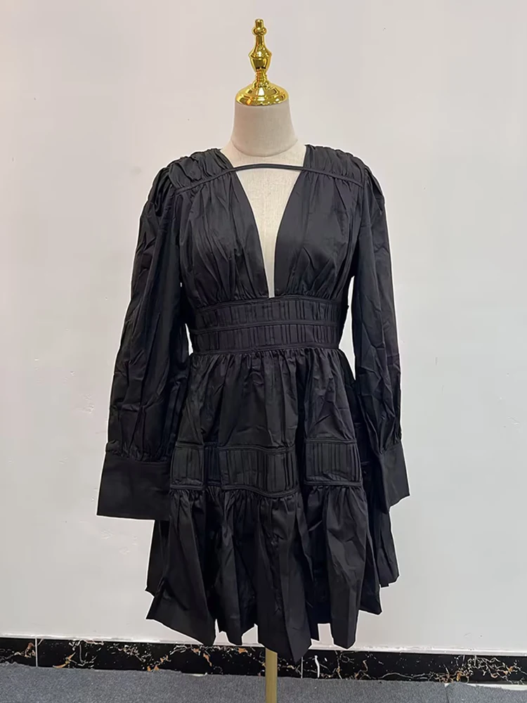 TWOTWurea YLE-Robe élégante en patchwork pour femme, col en V, manches lanterne, taille haute, mini robes chics, vêtements féminins, solide, plis, nouveau