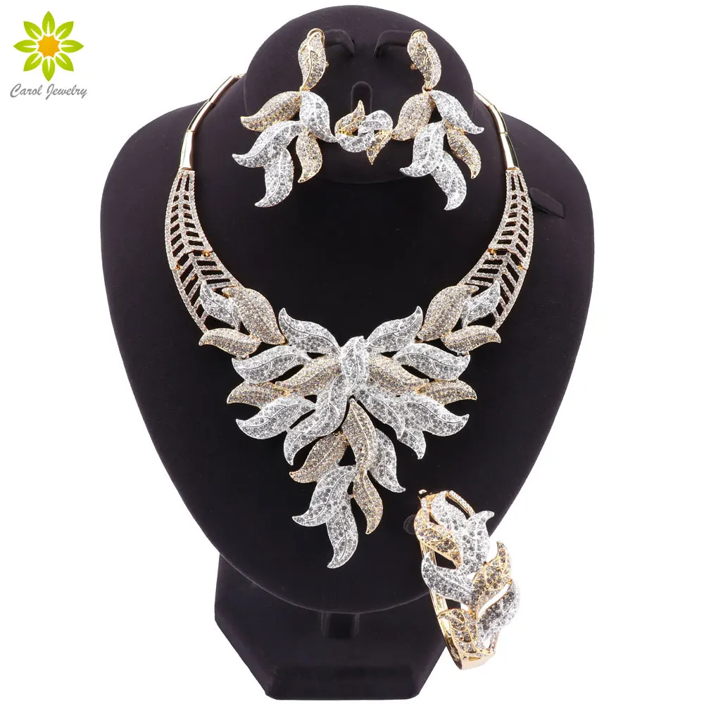 New Luxury Nigeria Wedding Bridal Dubai Jewelry Sets Golden And Sliver Big Leaf Crystal Pendant Necklace Earrings Parure