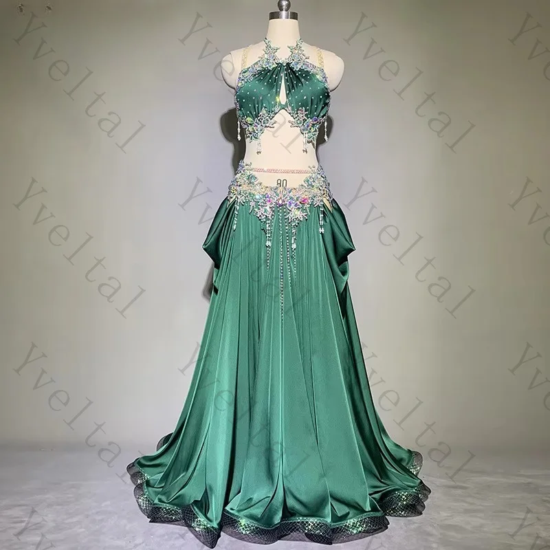 Customized Women's Belly Dance Performance Dress Halter AB Stones Tassel Satin Gown for Oriental Dance Competition Stage Show