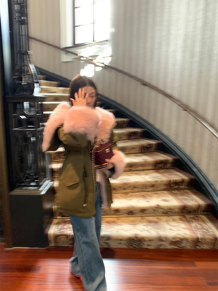 Women's True  Fur Jaet Winter Warm Waist-Cinching Hooded Coat Korean Sle Straight Cut Thiened Cotton Du down Filling