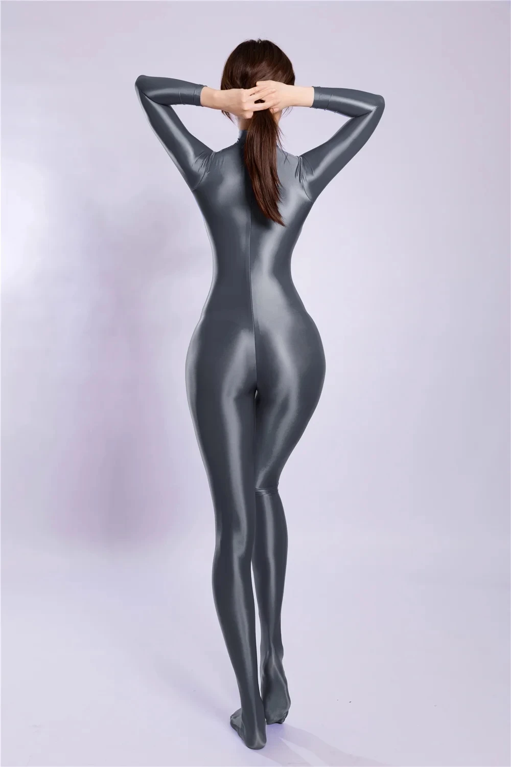 Brilhante zíper aberto virilha corpo-meia magro alta elástica bodysuit sheer apertado meia-calça unitard macacão yoga dança sexy feminino