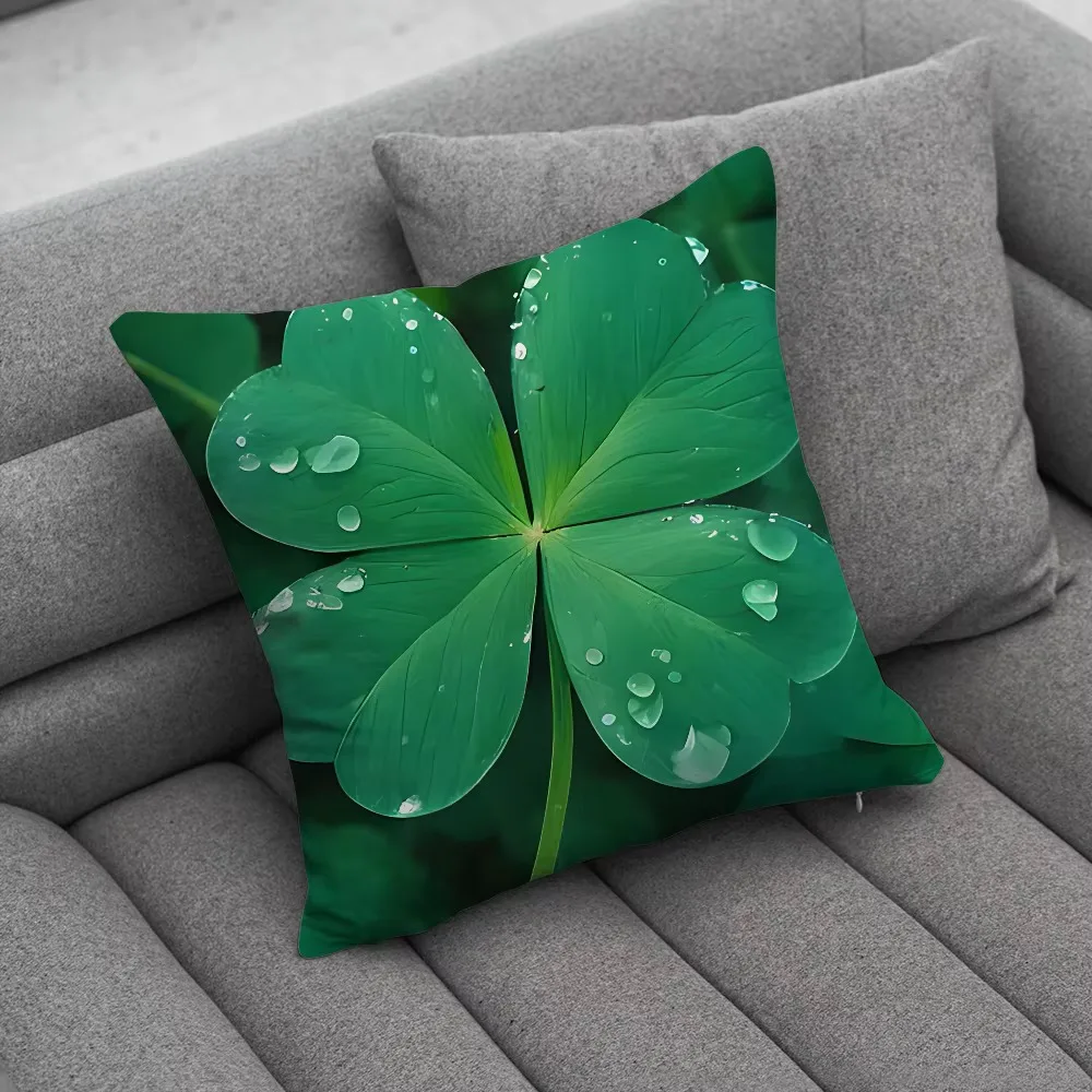 Lucky Four Leaf Clover Double Sided Cushion Cover, Soft Polyester Pillow Case for Farmhouse Sofa Decor Home Protector Gift