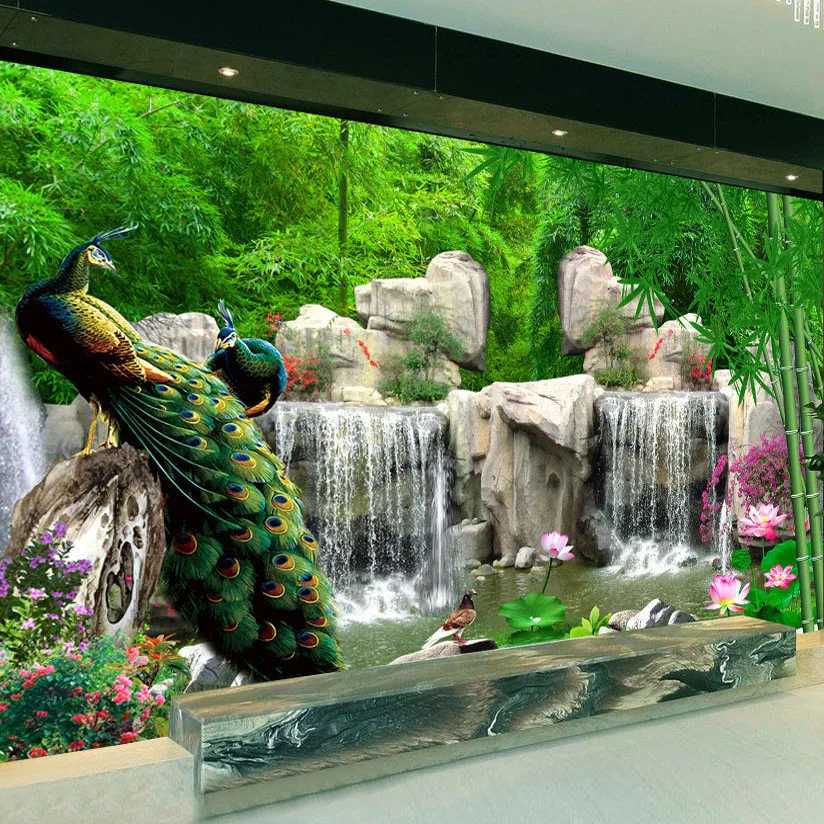 

Custom 3D Photo Wallpaper Bamboo Forest Rockery Peacock Background Photography Backdrop Living Room Bedroom Non-woven Wallpaper