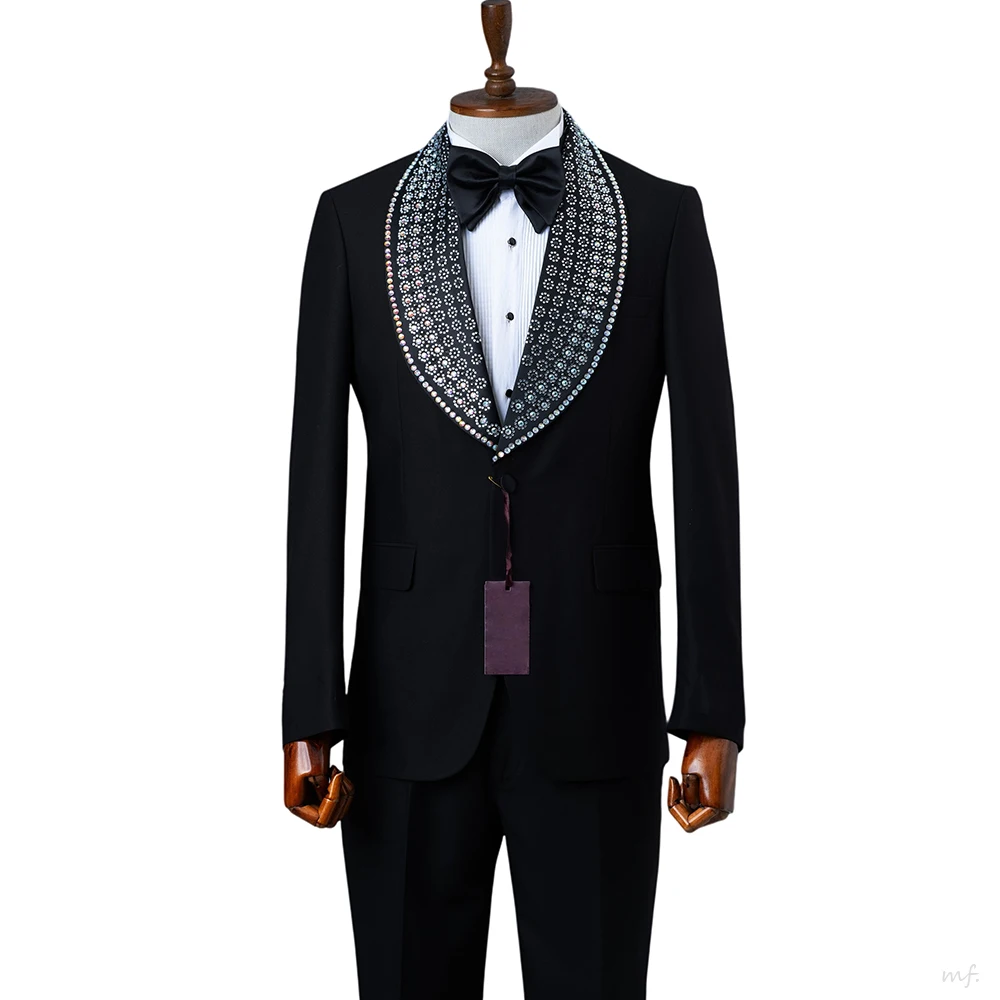 Abiti da sposa moderni per lo sposo 2 pezzi giacca pantaloni scialle bavero cristallo smoking hot fix monopetto personalizzato