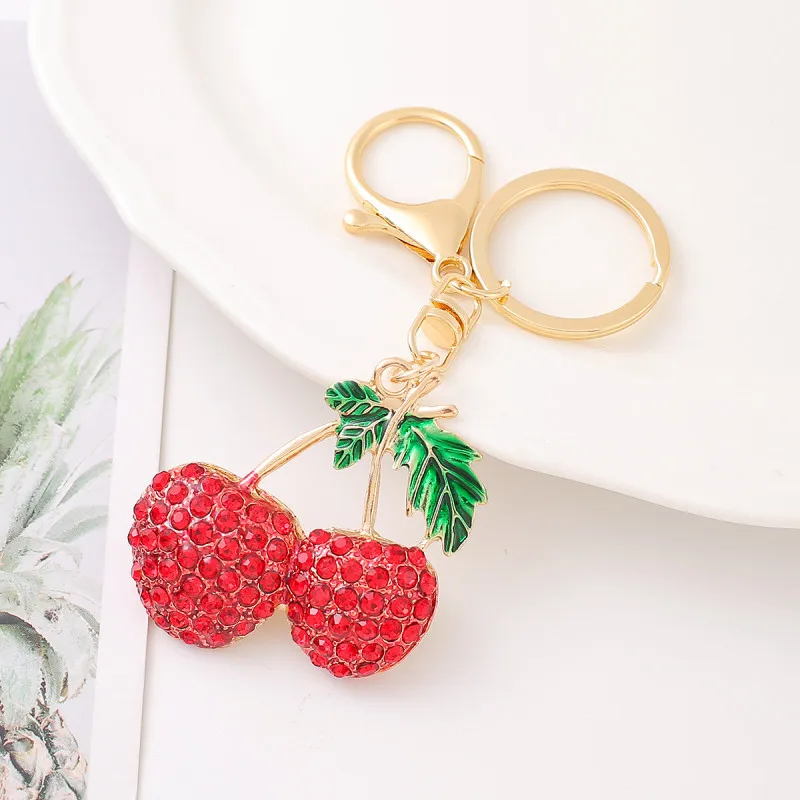 New creative cherry key chain dripping technology rhinestone alloy fruit cherries car pendant