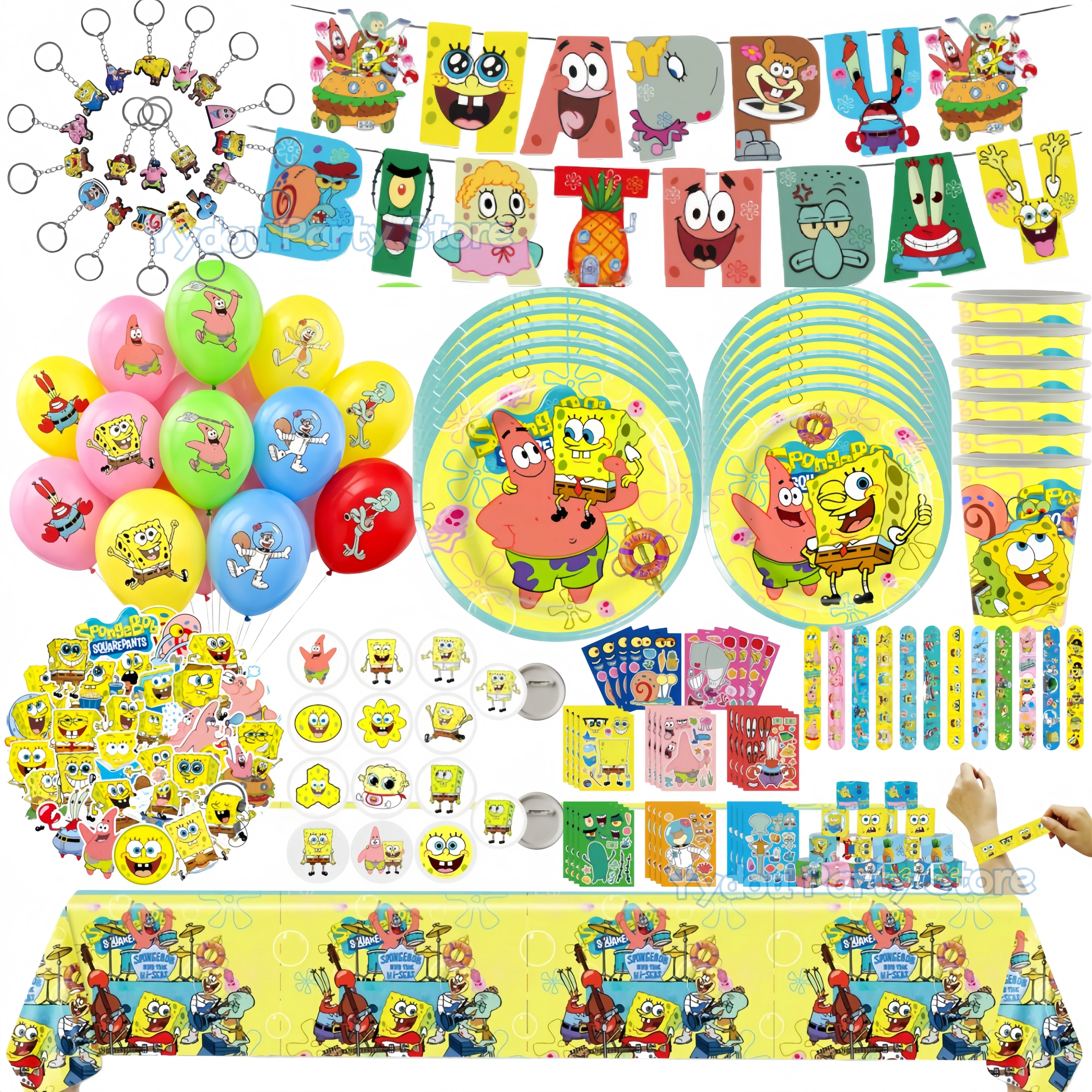 SpongeBobs Theme Birthday Party Decoration Tableware Kit Cup Plate Balloons Bracelet Keychains Kids Party Favor Gift Baby Shower