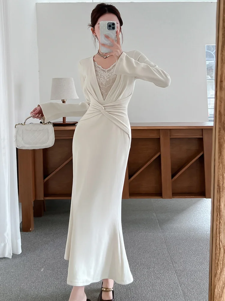 

Spring Elegant Lace Splicing Mermaid Dress Women Clothes Vintage Long Sleeve Office OL Slim Ruched Waist Evening Party Dress