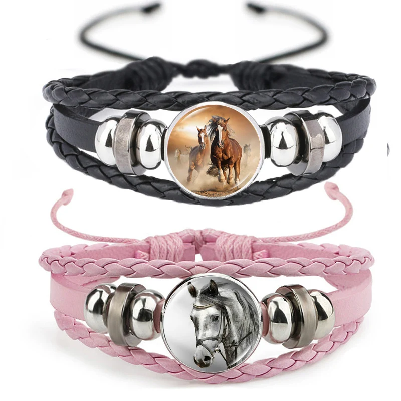 Horse Leather Bracelets for Men Women Glass Cute Horse Rider Gift Horses Artistic photo Bracelet Jewelry Accessories