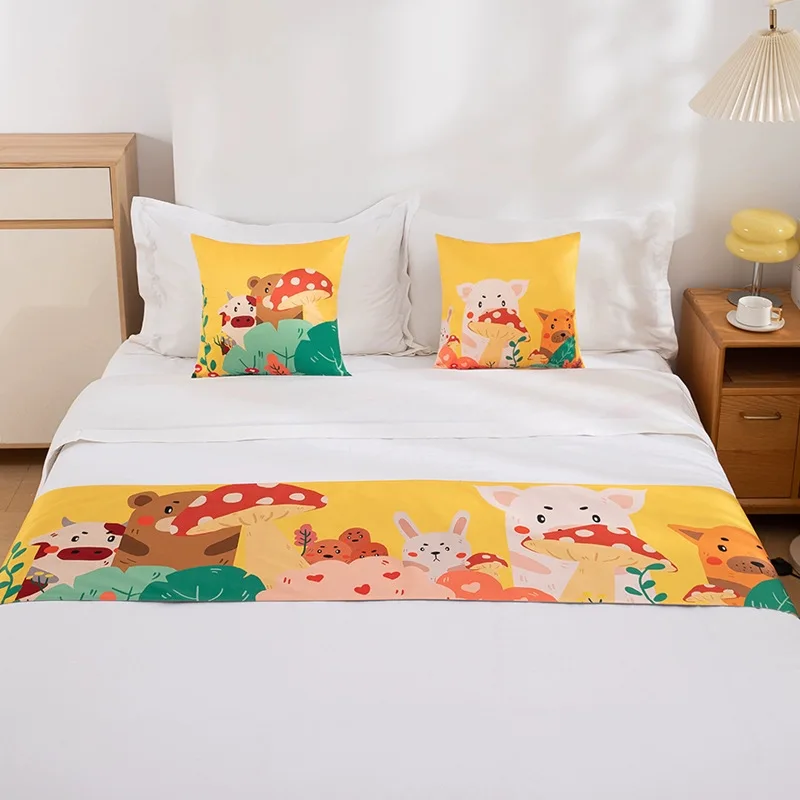 Hotel Bed Runner Cartoon Printing Decorative Linen Bed Tail Towel for Five-star Hotel Home Bed Decoration Bed Cover