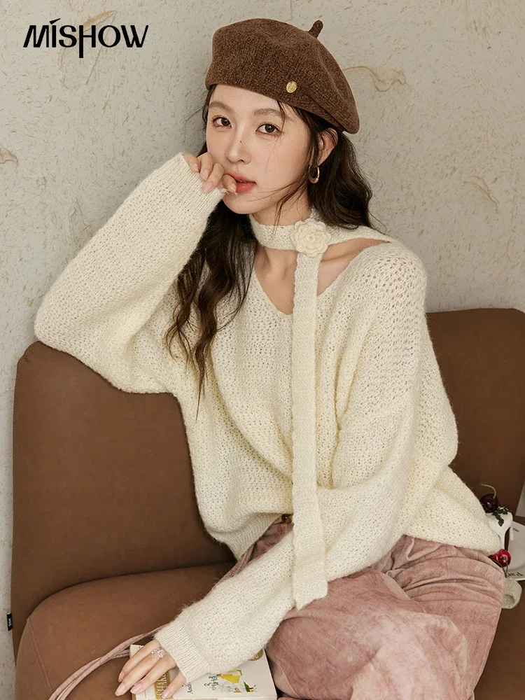 MISHOW Knitted Wool Sweater Women Autumn 2024 V-neck Threaded Cuffs Sweaters Casual Loose Manual Flower Lace-up Top MXD42Z0763