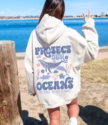 Wave Riders Surfing Hoodie Protect Our Oceans Save Our OceanSweatshirts Preppy Aesthetic Gifts Women Trendy Oversized Pullover