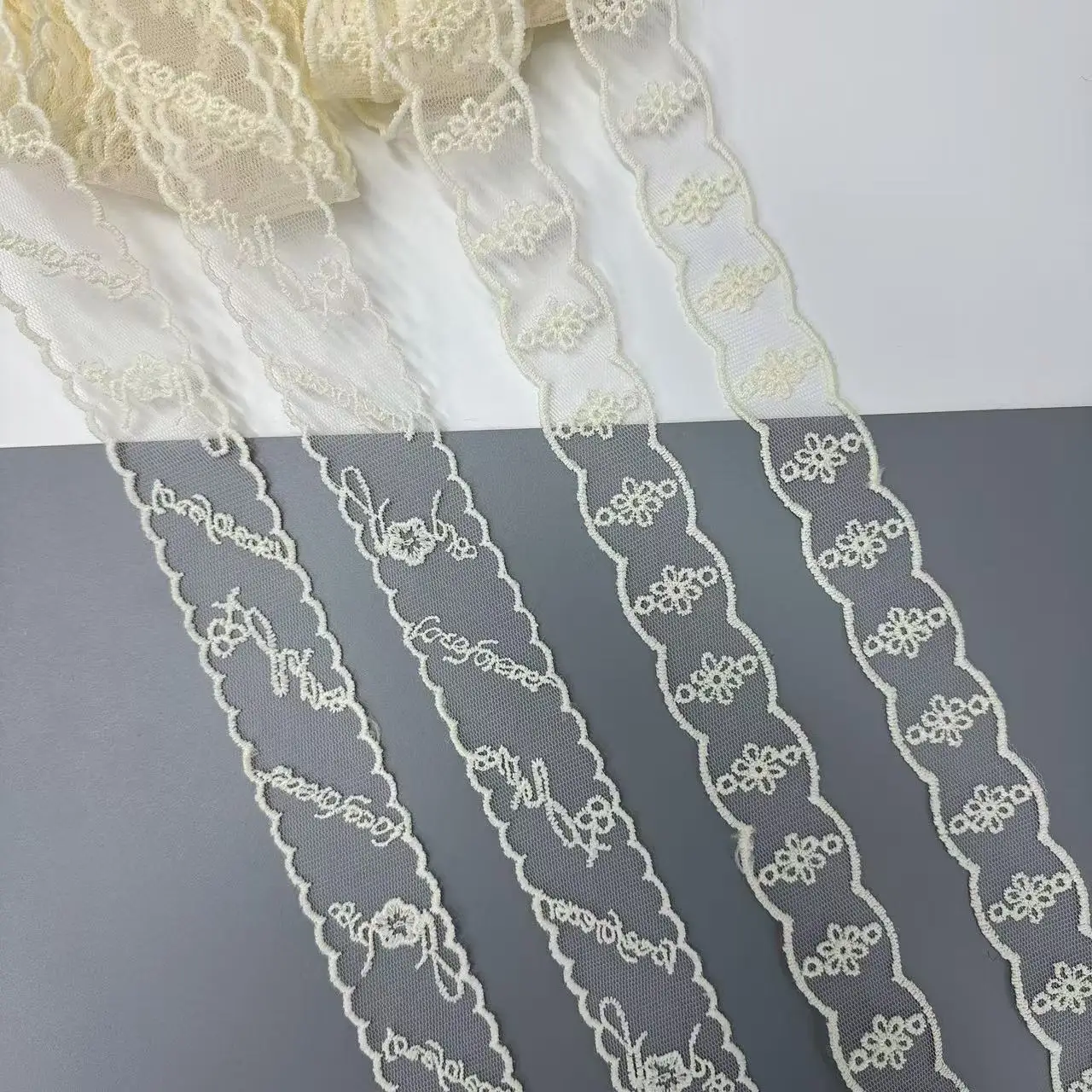 Beige Letter Embroidery Mesh Lace Trim 1Yard DIY Craft Ribbon