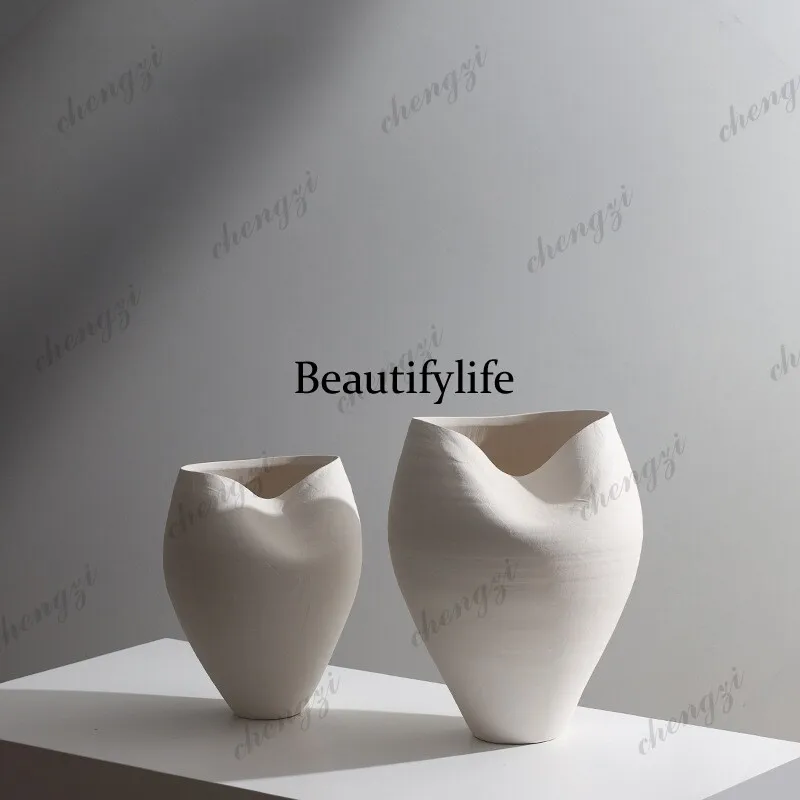 Jingdezhen ceramic vase living room flower arrangement wabi sand wind big belly white light luxury high sense