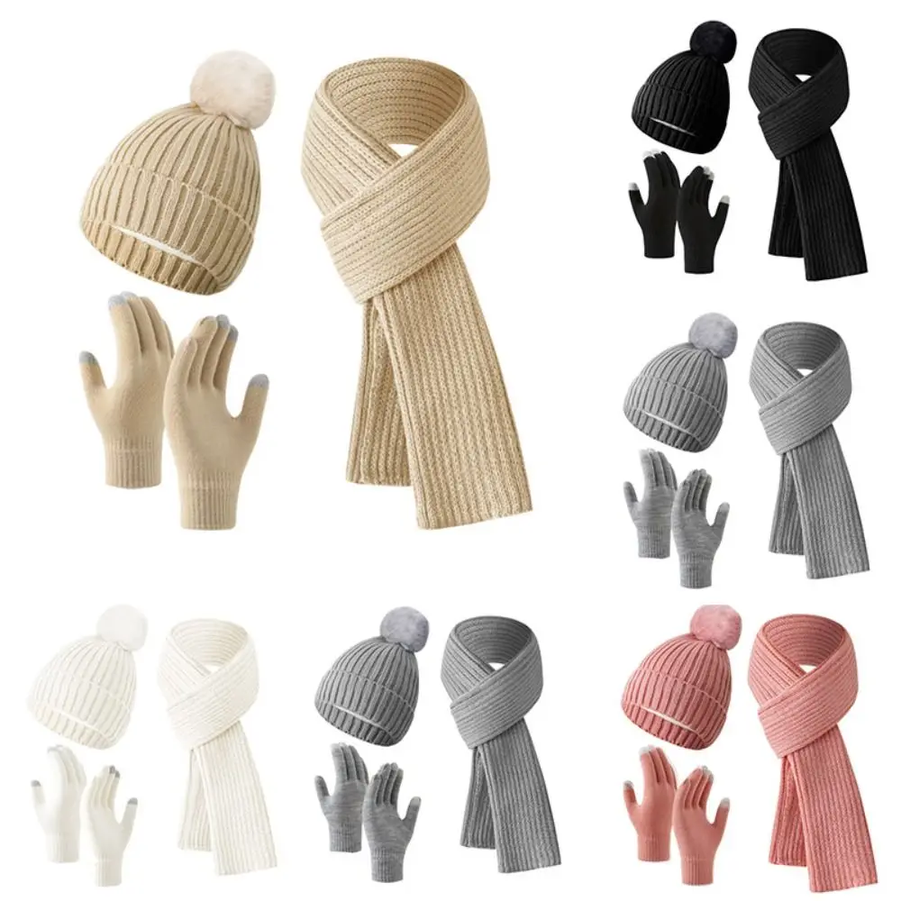 3Pcs/Set Winter Warm Women Hats Scarf Gloves Set Soft Ear Protection Winter Warm Mitten Windproof Beanie Cap Scarf Outdoor