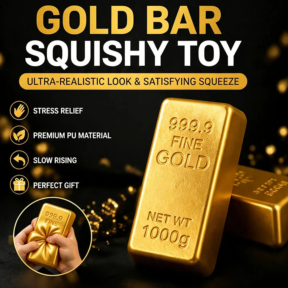Cadeau drôle pour les professionnels de la finance : Fausse barre d'or en mousse PU à remontée lente, à presser, décoration de bureau, ornement, idée cadeau fantaisie pour la culture du travail acharné