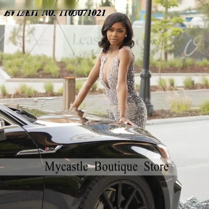 Personalizado prata sereia diamante vestido de baile 2026 preto meninas veludo africano feminino festa formatura vestido gala