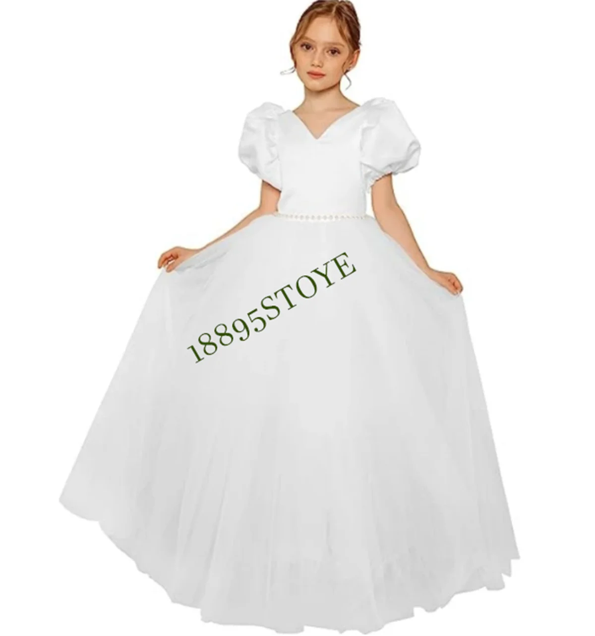 Flower Girls Dresses White Satin Tulle V Neck With Big Bow Short Sleeve For Wedding Birthday Party Banquet Princess Gowns