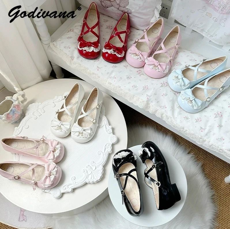 

Милые милые одинарные туфли с бантом в стиле Лолиты, женские кожаные туфли на среднем каблуке и низком каблуке для девочек, туфли-лодочки Мэри Джейн