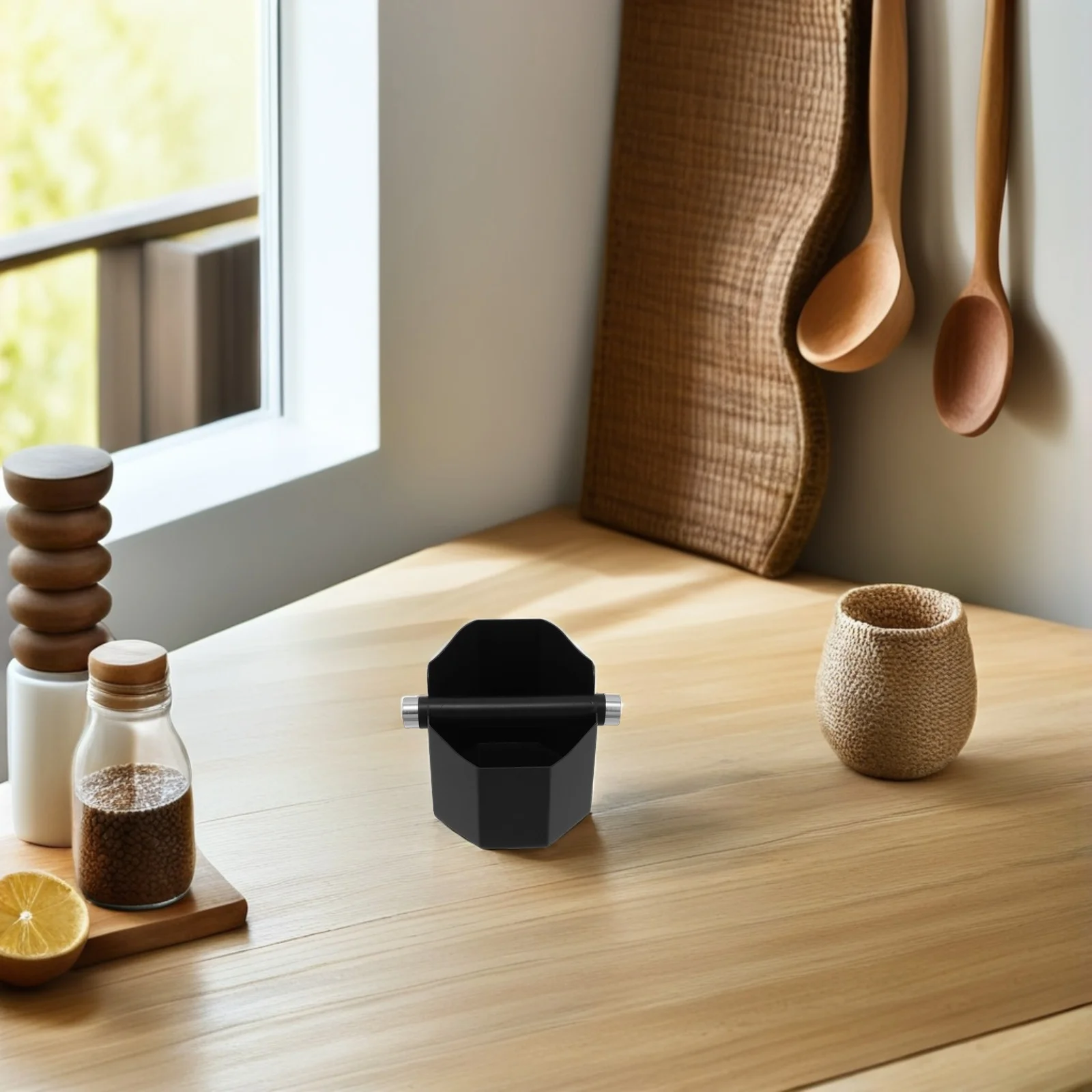 

Coffee Stainless Steel Round Design Non-Slip Base for Espresso Machine Home Office Use Black Coffee Grounds Container