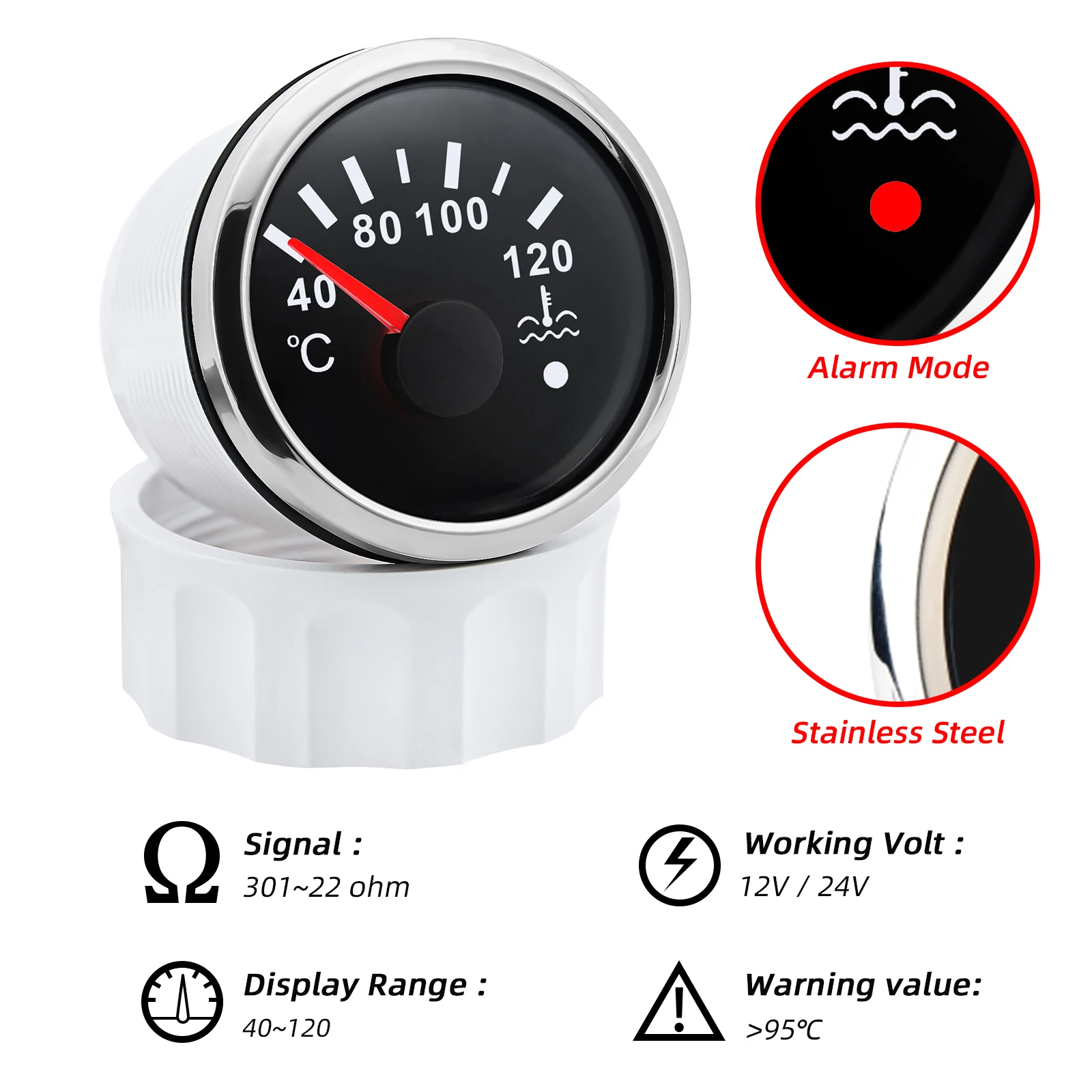 40-120℃ 52mm Water Temperature Gauge with Sensor Warning Red Backlight Pointer Water Temp Meter for Diesel Petrol Engine Car