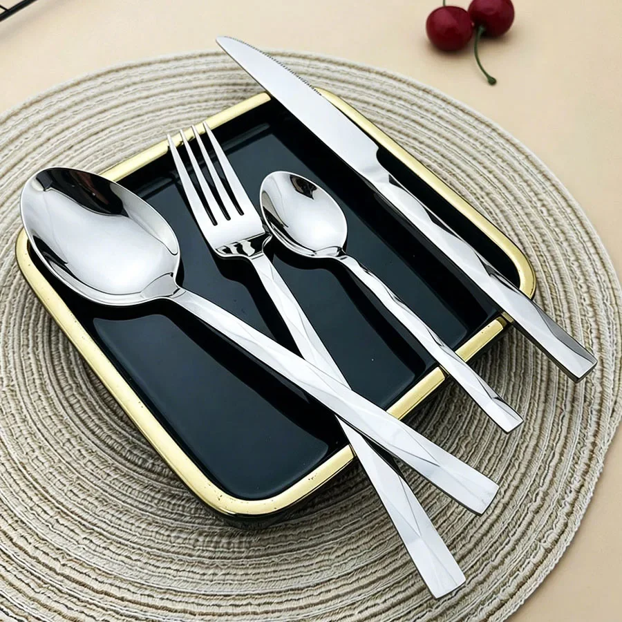 4Pcs Cutlery Set Stainless Steel Dinnerware Tableware Rhombus Handle Knife Fork Spoon Dinner Set Kitchen Home Flatware