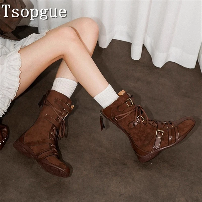 

Brown Black Suede Leather Women Ankle Boots Round Toe Belt Buckle Lace Up Height Increased Casual Short Boots