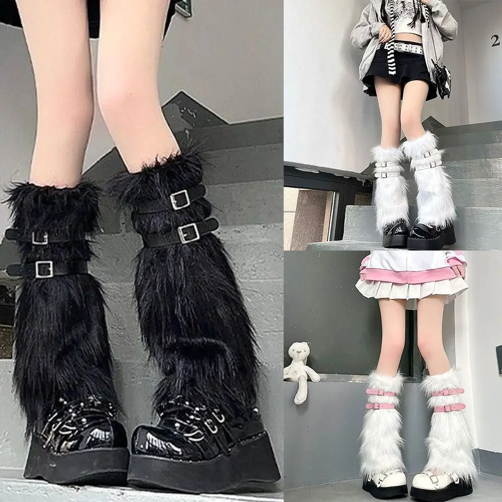 

Winter with Leather Belt Boot Socks Warm Soft Faux Fur Foot Covers Furry Lolita Punk Ankle Warmer Women Girls