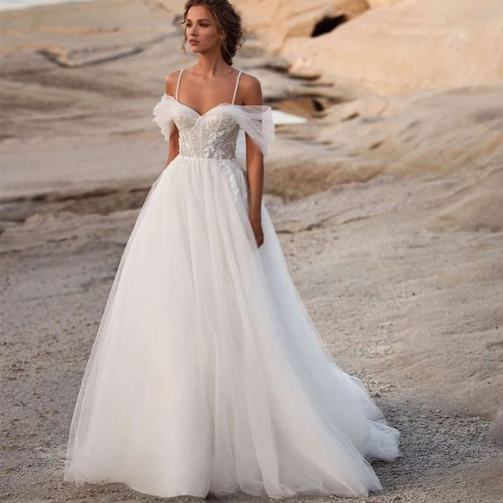 

Tulle Wedding Dress Spaghetti Straps A-Line Floor Length Bride Customized Applique Elegant Open Back Off the Shoulder Gowns