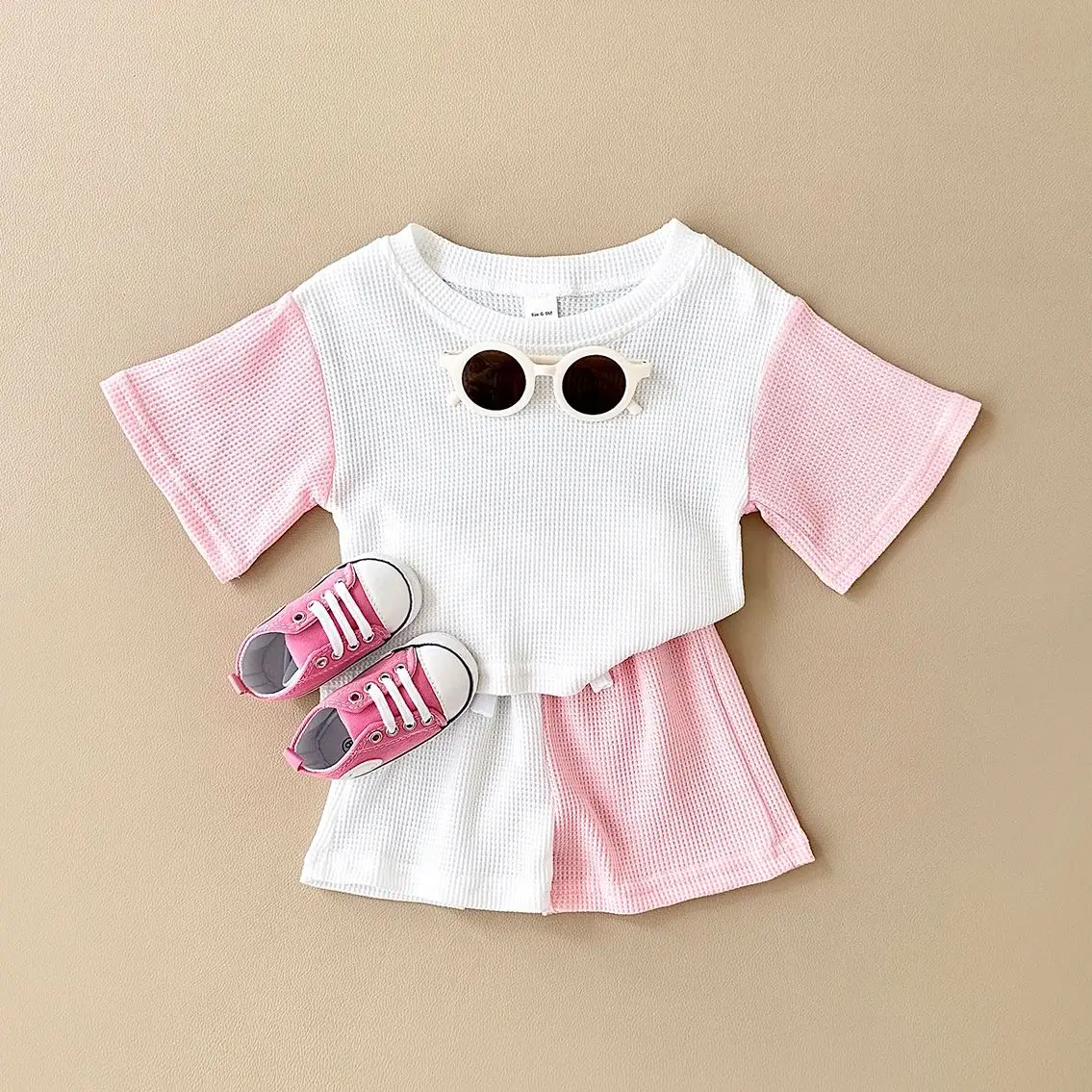 Newborn Baby Girl Clothes Boys Sets Waffle Top Casual Short T-shirt+Shorts Sports Sets Splicing Colors Summer Baby Clothes